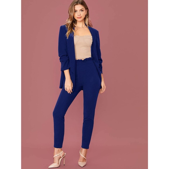 2 piece pantsuit: Shawl Collar Blazer & Paperbag Waist Pants Set green - Picture 3 of 11